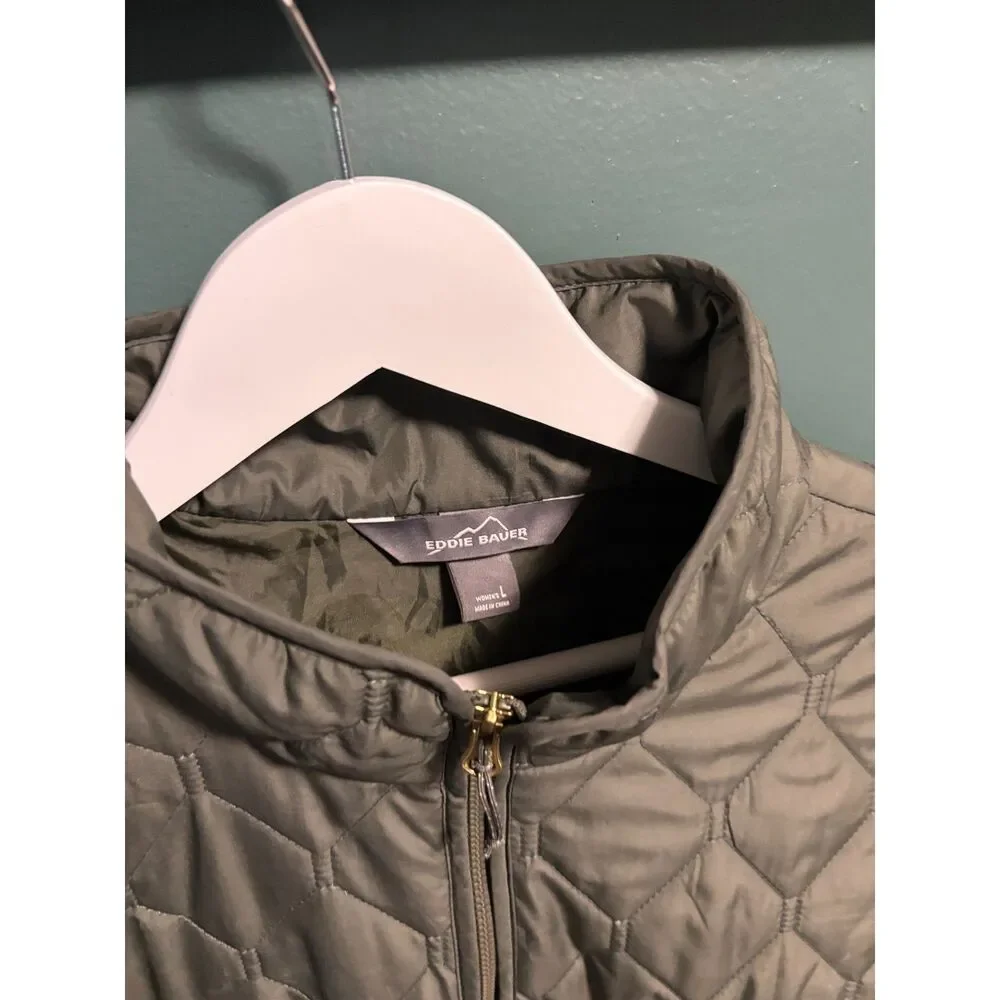 Eddie Bauer Jacket Womens Large Green Quilted Puffer Coat Zip